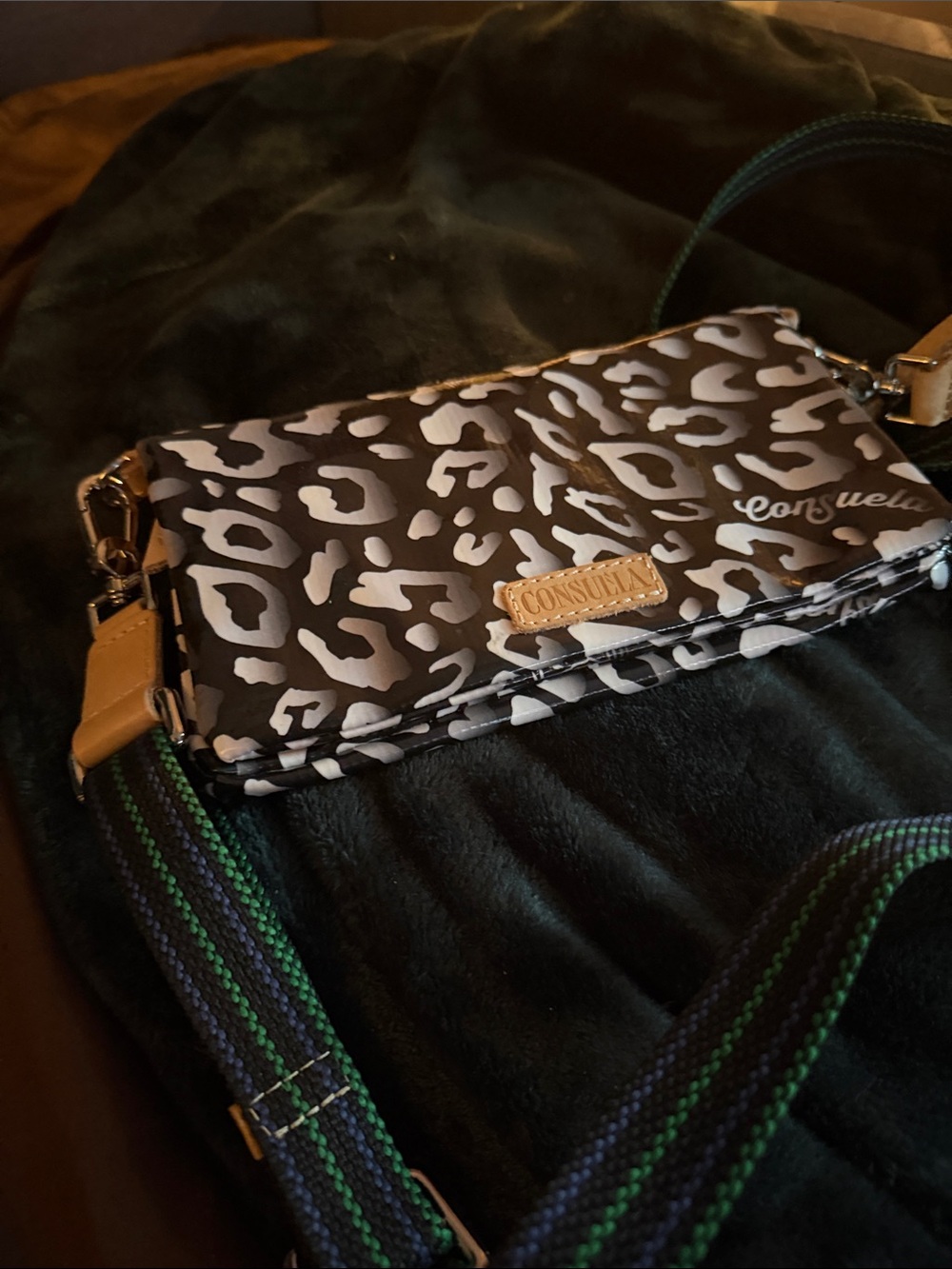 Consuela Black & White Leopard Crossbody Wallet with Striped Strap